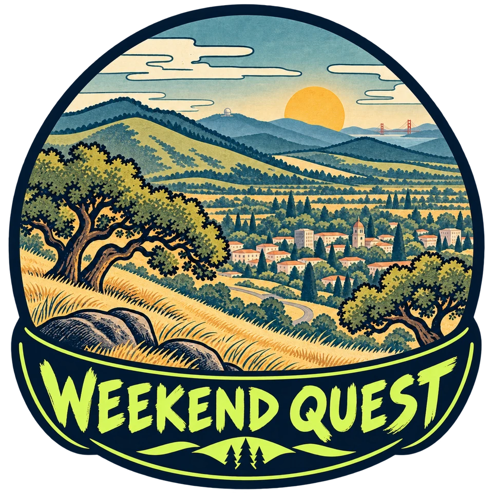 Weekend Quest logo in Japanese woodblock style, with a Santa Rosa valley, oak-covered hills, a distant Golden Gate Bridge and Marin hilltop dome